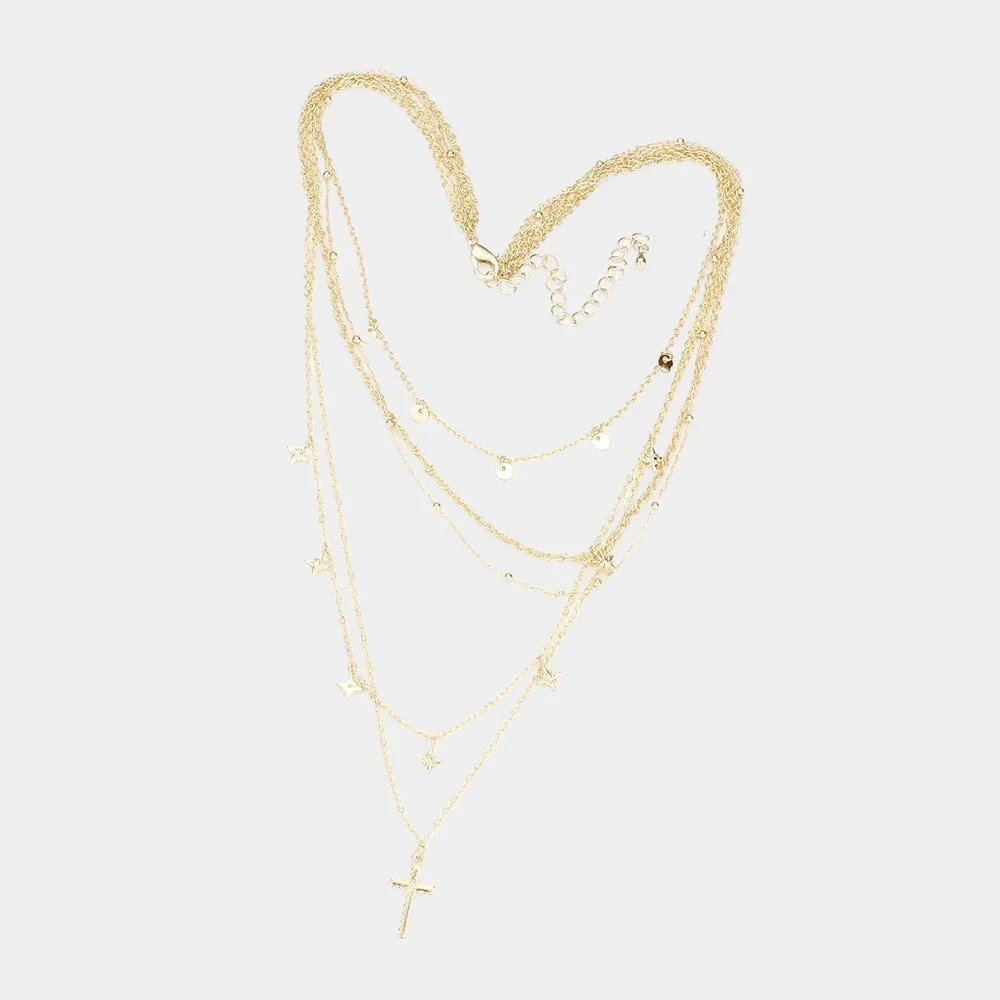 BEAUTIFUL MULTI LAYERED NORTH STAR CROSS PENDANT NECKLACE - Picture 2 of 2